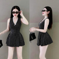 [FREESHIP] Set bộ đầm váy áo ba lỗ kẻ sọc phối ren kèm chân váy xếp ly cực dễ thương phong cách tiểu thư dễ thương cho n