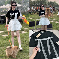 (FreeShip) Set Bộ Đồ Nữ Áo Đen Cotton Đính Nơ Ren Mix Chân Váy Thô Bèo Trắng Siêu Xinh [FreeShip] (HOT)