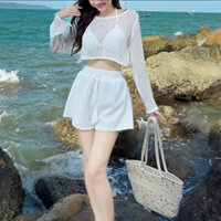 [FREESHIP] Set bộ đùi 3 món bara có mút len ren áo tay dài hở eo kiểu dáng sexy quyến rũ xinh xắn đi biển dịp hè 💃💃