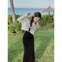 [FREESHIP] Sét đàm midi đen dây cổ yếm cúp ngực + áo croptop tròng cổ ren hạt trắng tay dài xinh xắn QC🌹🌹