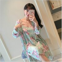 FREESHIP TỪ 99K_Set váy ngủ 2 chi tiết gồm váy 2 dây và áo choàng, vải lanh lụa cực mát và mềm mại như da em bé