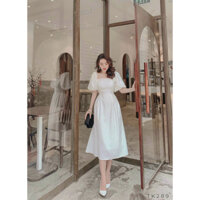 [FREESHIP ] Váy đầm trắng Vintage dáng xòe dự tiệc cổ vuông tay bo bồng dài