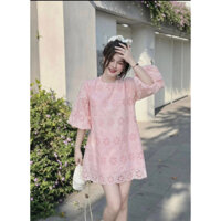 (Freeship) Váy ren hoa tiểu thư tay phồng