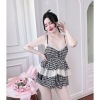 Freesize (60Kg - 90Kg) Bộ Ngủ Nữ Lụa Latin Họa Tiết Phối Ren, Tà Áo Phối Voan Nút Bọc, Form Quần Giả Váy