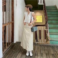 [Freesize- Hình thật chụp sàn] Set áo babydoll xô thêu mix chân váy dài kaki xinh xắn