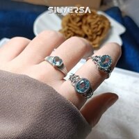 Freesize - Nhẫn To.paz Sky Blue Khung Bạc Thái 925 SILVERSA Nhẫn Đ.á Tự Nhiên Hợp Mệnh Thủy Mệnh Mộc