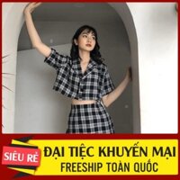 [freesize] SET ÁO SƠ MI CROPTOP KẺ CARO + CHÂN VÁY CHỮ A HOT - SET ÁO CROPTOP CỔ VEST FORM RỘNG 9 MÀU ( ảnh thật ) *