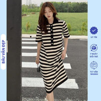 [Freesize V74] Váy Bầu Mùa Hè Cổ Polo Phối Kẻ Sọc Trẻ Trung Chất Thun Cotton Mềm Mát - Đầm Bầu Công Sở Dáng Suông Dài