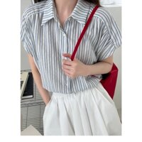 French Style Blue Striped Short-sleeved Shirt Flying Sleeve Lapel Blouse