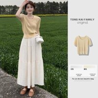 French Style Classic Style Short Sleeve KnittedTT-shirt Unique Design Sense Evaporated Milk Yellow Short Type Waist-Tight Small Top Women's Summer