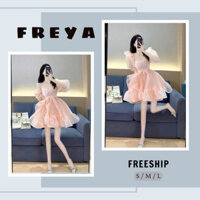 🍀FREYA SHOP🍀 🛍Đầm Váy Nữ🛍  Đầm thời trang bánh bèo màu hồng vải xốp tơ ánh kim cúp ngực tay ngắn mặc được 2 kiểu váy
