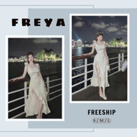 🛍FREYA SHOP🛍 🛍Đầm váy nữ🛍Đầm maxi thời trang nữ chất lụa satin 2 dây cổ vuông đính nơ trên vai váy xẻ tà phong cách
