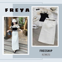 🛍FREYA SHOP🛍 🛍Set Váy Nữ🛍  Set váy thời trang nữ áo thun gân trễ vai phối bèo voan tơ đính nơ chân váy kaki dáng chữ