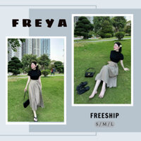 🛍FREYA SHOP🛍 🛍Set Váy Nữ🛍 SÉT VÁY ÁO TĂM LẠNH TAY NGẮN CỔ LỌ CAO MÀU ĐEN PHỐI CHÂN VÁY KAKI XẾP LY CỘT DÂY 1 BÊN