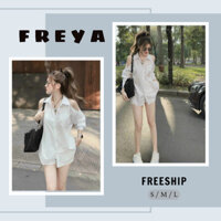 🛍FREYA SHOP🛍 🛍Set váy nữ 🛍Set áo tay dài cổ sơ mi khoét vai mix quần ngắn,Set áo tay dài quần short màu trắng siêu h