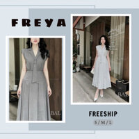 🛍FREYA SHOP🛍 🛍Set Váy Nữ🛍  Set váy công sở xu hướng chất kaki họa tiết sọc áo sát nách cổ bẻ nhọn thắt cà vạt chân v