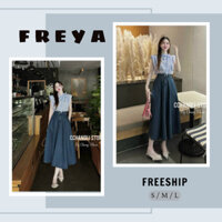 🛍FREYA SHOP🛍 🛍Set Váy Nữ🛍 Sét váy nữ thời trang mặc đi chơi áo chất lụa sọc tay cánh dơi ngắn cột nơ cổ một bên phối