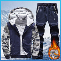 Frolada 2 Cái / bộ Có Mũ Trùm Đầu Dài Tay Nhiều Túi Dây Kéo Placket Co Giãn Eo Áo Khoác Quần Bộ Nam Thu Đông Lông Cừu Lót Ngụy Trang In Áo Thể Thao Trang Phục Quần Áo Hàng Ngày