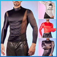 Frolada Nam Gợi Cảm Lưới Áo Thun Dầu Bóng Sáng Bóng Top Chắp Vá Chặt-Fit Top Thoáng Khí Áo Sơ Mi Dài Tay Co Giãn Skinny Áo Khoác Cho Câu Lạc Bộ Tiệc Hàng Ngày