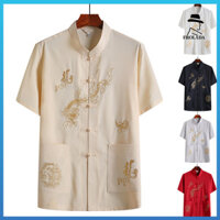 Frolada Tangs Phù Hợp Với Hàng Đầu Thêu Rồng Màu Trơn Cổ Áo Tay Ngắn Năm Mới Mặc Siêu Mềm Trung Quốc Kung Fu Cánh Chun May Áo Sơ Mi Nam Quần Áo