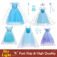 Frozen Elsa Trang Phục Cho Bé Gái Mùa Hè Tay Ngắn Màu Xanh Đầm Cho Trẻ Em Bé Gái Lưới Áo Halloween Giáng Sinh Trang Phục Bộ
