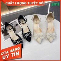 💞💘FRSHIP💘💘Giày cao gót lụa gắn nơ đá, giày khoét eo gót nhọn 7cm 5cm .Sục lụa mũi nhọn