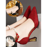 [FS] Giày Cao Gót Dự Tiệc 7cm Mũi Nhọn Ánh Kim Bling Quai Ngọc Sang Chảnh -MS CG53