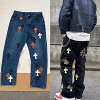 Fs8p Chrome Hearts Limited Black and White Brown Three-Color Leather Cross High Street Washed Jeans