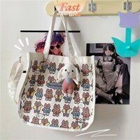 FT023 Túi Tote Vải Dành Cho Nữ Có Dây Kéo Gấu Cặp xách Học Sinh Cô Gái