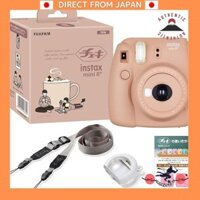 FUJIFILM instax mini 8 Plus instant camera with close-up lens and genuine shoulder strap in vanilla color.