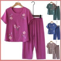 Fulaide 2 Cái / bộ Bộ Đồ Ngủ Nữ Trung Niên Cổ Tròn In Hoa Tay Ngắn Co Giãn Eo Xếp Ly Rời Mỏng Ống Rộng Mẹ Bà Ngoại Đồ Ngủ Top Quần Bộ