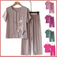 Fulaide 2 Cái / bộ Bộ Đồ Ngủ Nữ Trung Niên Cổ Tròn In Hoa Tay Ngắn Co Giãn Eo Xếp Ly Rời Mỏng Ống Rộng Mẹ Bà Ngoại Đồ Ngủ Top Quần Bộ