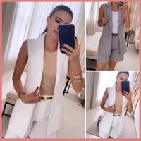 Fulaide 2 Cái / bộ Bộ Quần Short Áo Khoác Nữ OL Commute Phong Cách Trang Trọng Cổ Áo Khoác Không Tay Eo Cao Màu Nguyên Chất Bộ Quần Bộ Trang Phục Công Sở Nữ