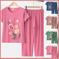 Fulaide 2 Cái / bộ Mẹ Trung Niên Áo Thường Ngày Bộ Quần Thêu Hoa Cổ Tròn Tay Ngắn Xếp Ly Co Giãn Eo Ống Rộng Trang Phục Hàng Ngày