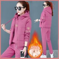 Fulaide 3 Cái / bộ Áo Khoác Nữ Áo Khoác Bộ Áo Khoác Có Dây Kéo Có Đệm Áo Thêu Có Mũ Trùm Đầu Tay Dài Quần Eo Co Giãn Áo Thể Thao Mùa Đông