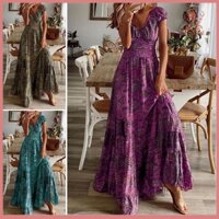 Fulaide Cổ Chữ V Cao Cấp Chữ A Eo Co Giãn Đầm Maxi Bohemia Vintage In Hình Ruffle Viền Lớn Đầm Dạo Phố