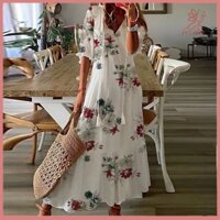Fulaide Cổ Chữ V Nửa Tay Ren Tua Rua Lớn Viền Nữ Đầm Mùa Hè In Hoa Đi Biển Voan Đầm Dạo Phố