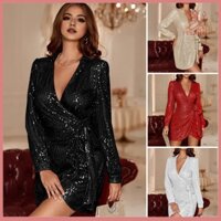 Fulaide Đầm Dạ Hội Ve Áo Sáng Bóng Kim Sa Lấp Lánh Cắt Thấp Cổ Chữ V Dài Tay Phối Thắt Lưng Màu Trơn Prom Đảng Câu Lạc Bộ Mini Đầm Đi Bộ Mua Sắm Đầm Ngắn