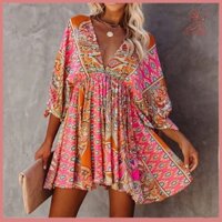 Fulaide Deep V Cổ Mini Đầm Xếp Ly Viền Nữ 3 / 4 Tay In Chữ A Áo Tunic Đầm Dạo Phố