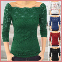 Fulaide Nữ Áo Cổ Xiên Dài Tay Áo Sơ Mi Ren Rỗng Ren Nối Màu Trơn Ôm Vừa Vặn Thêu Ren Hoa Cao Cấp