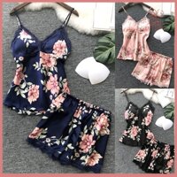Fulaide Nữ Hoa Lá In Đồ Ngủ Bộ Đệm Camisole Ren Viền Quần Short Co Giãn