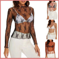 Fulaide Nữ Lưới Sheer Áo Gợi Cảm Nửa Cổ Cao Tay Dài Slim Fit Chống Nắng Áo Sơ Mi Trong Suốt Mùa Hè Áo Sơ Mi