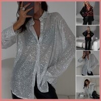 Fulaide Nữ Mùa Hè Áo Sáng Bóng Kim Sa Lấp Lánh Trang Trí Áo Sơ Mi Áo Màu Trơn Rời Phù Hợp Với Ve Áo Dài Tay Nút Placket Áo Sơ Mi Cao Cấp