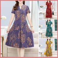 Fulaide Nữ Mùa Hè Đầm Cổ Chữ V Tay Dài Phong Cách Trung Hoa Tay Ngắn In Chữ A Xếp Ly Túi Dài Đầu Gối Nữ Trung Niên Mẹ Midi Đầm