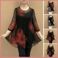 Fulaide Nữ Mùa Thu Mùa Xuân Áo Sơ Mi Ba Phần Tư Tay Lưới Mỏng Cổ Tròn In Hoa Hai Lớp Màu Sắc Phù Hợp Với Chiều Dài Giữa Tuổi Mẹ Hàng Đầu