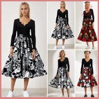 Fulaide Nữ Váy Halloween Chữ A Xoay Lớn In Hình Đầu Lâu Thắt Lưng V Sóng Cổ Chữ V Chắp Vá Xếp Ly Tay Dài Dự Tiệc Carnival Đầm