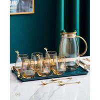 Full Bộ Bình Cốc Thủy Tinh Vàng Hổ Phách Borosilicate Siêu Sang  Trọn Bộ Bình Cốc Đun Trực Tiếp Vàng Nắp Inox 2022 - Bình  6Cốc Lục năng