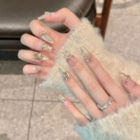 Full HANDMADE Gold Boutique Premium Cat Eye Hình thang trung bình / Hình bầu dục dài / Móng tay giả tròn nhọn có keo dán Trị liệu bằng ánh sáng Móng tay ấn vào móng tay Chống thấm nước có thể tái sử dụng