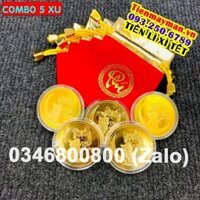 Full set 05 xu con Mèo + túi gấm đỏ chữ PHÚC , quà tặng ý nghĩa, phong thuỷ