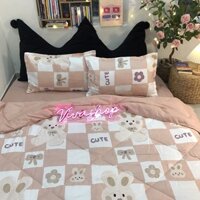Full Set Bộ Drap giường Cotton Chần Bông Gấu Cute Hồng Phối ((m2x2m - m8x2m))